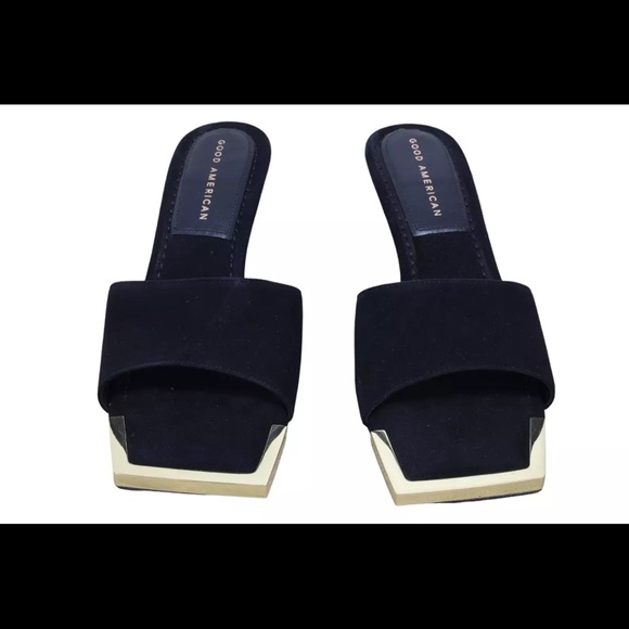 NWT Women’s Good American Square Toe Black Suede Heels with Gold Accents 7.5 - Picture 2 of 7